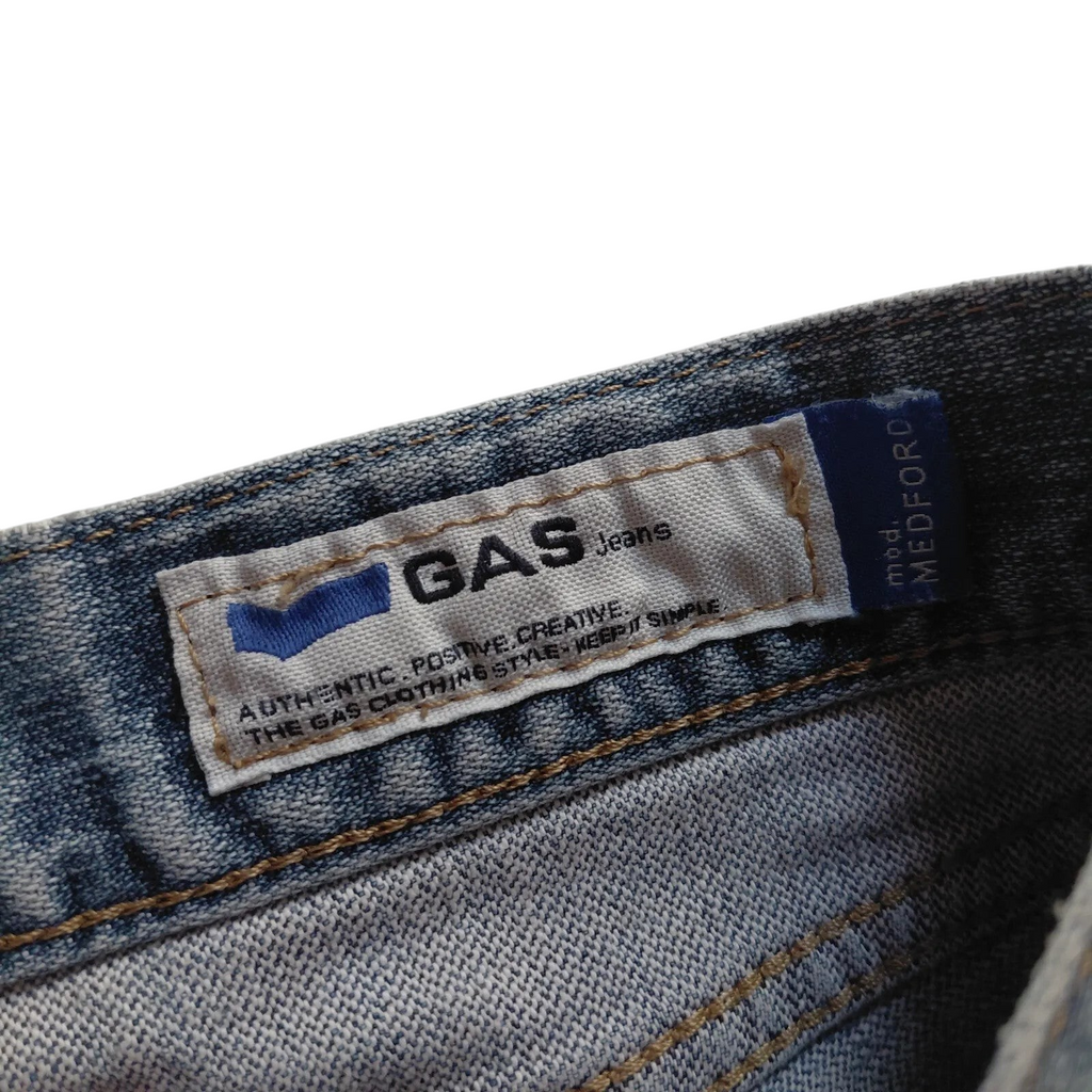 My Store GAS jeans light blue wash denim interior brand label and Medford model tag