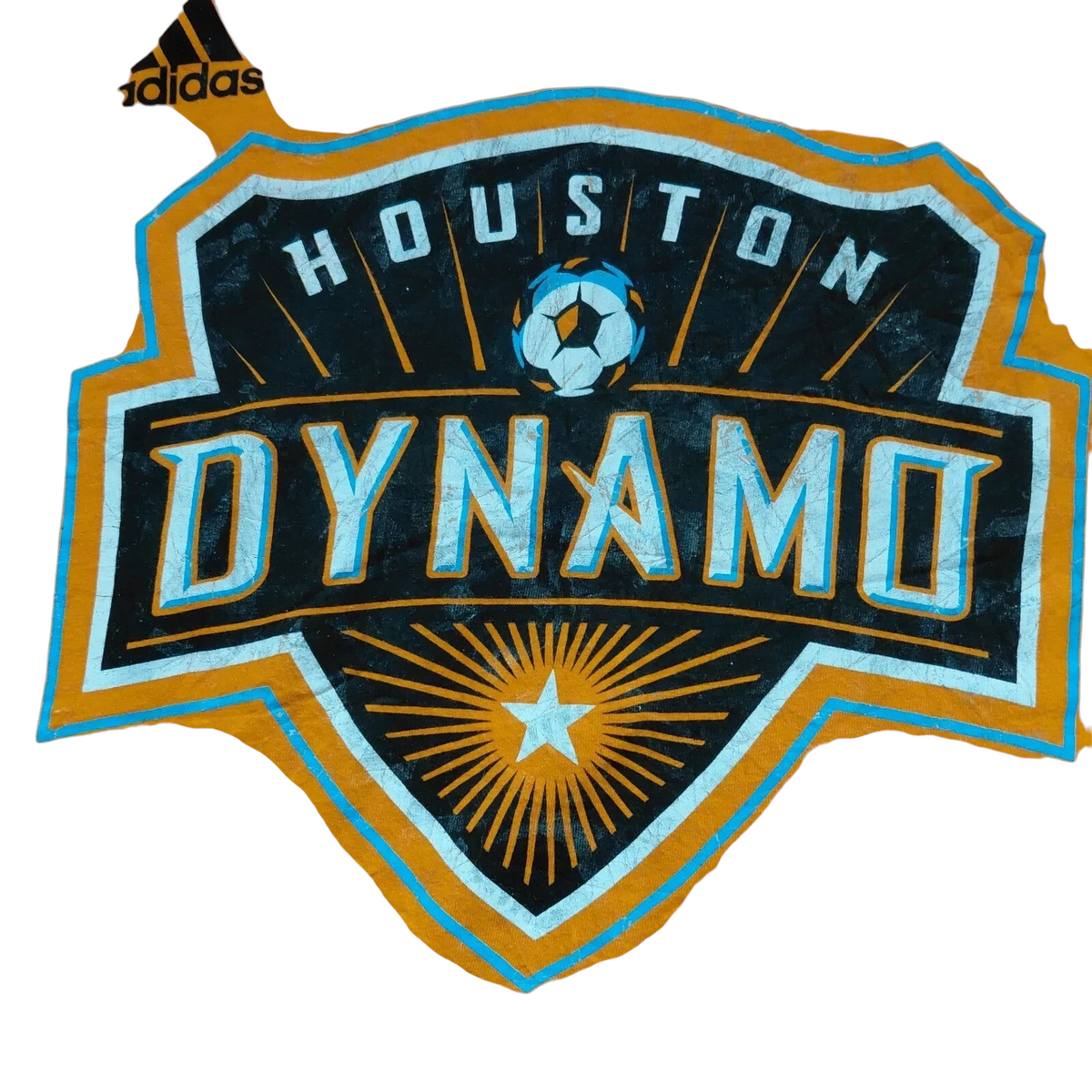 My Store yellow adidas crew neck t-shirt featuring a Houston Dynamo soccer graphic logo on the front