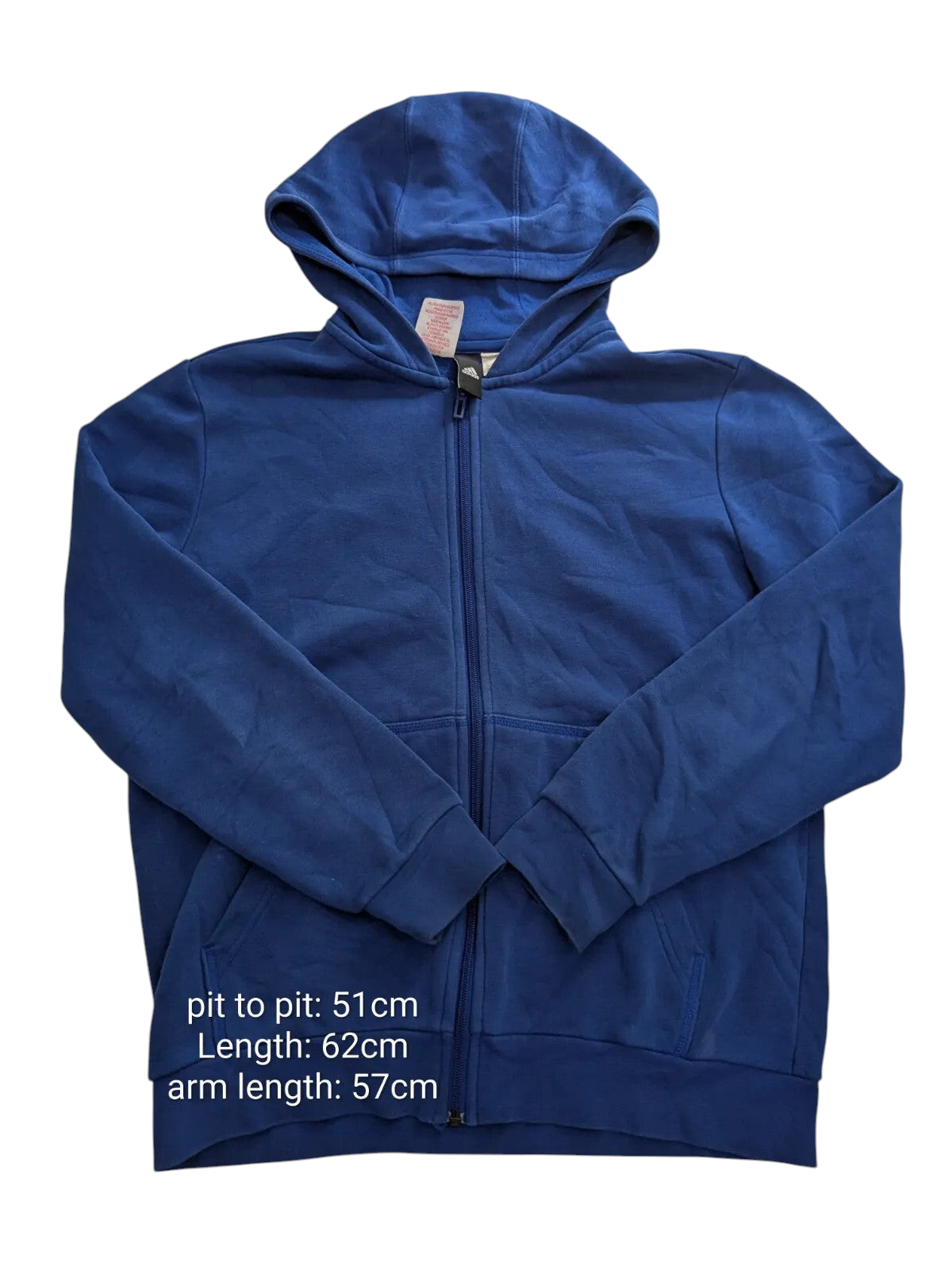 My Store blue Adidas full zip hoodie with hood and front pockets, size 8-10 streetwear style