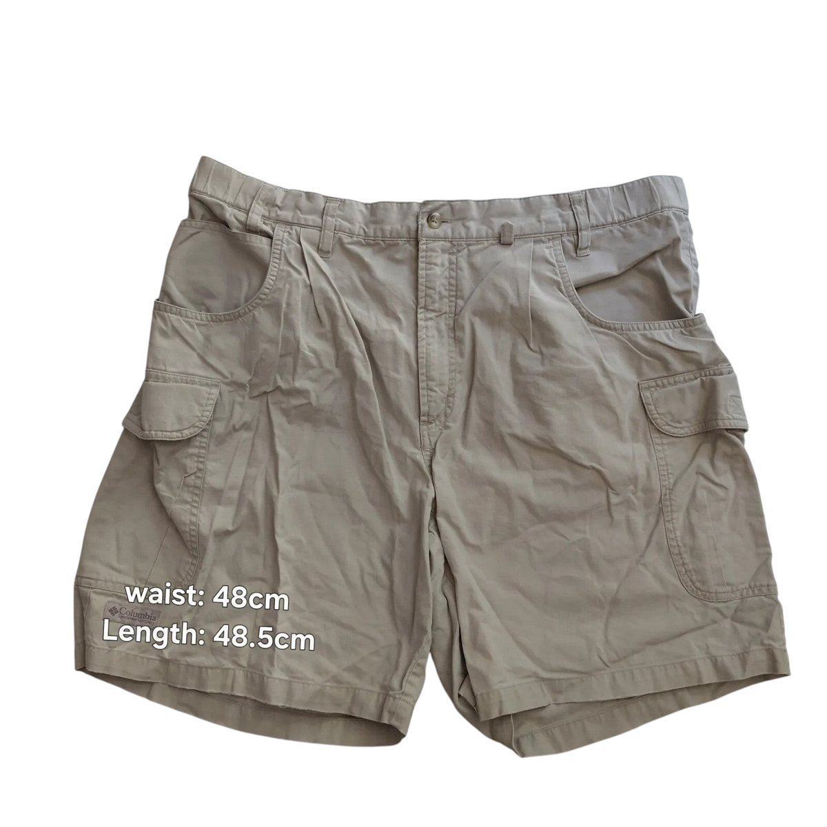 My Store Columbia beige cargo shorts for men with button fly and utility pockets for outdoor wear.