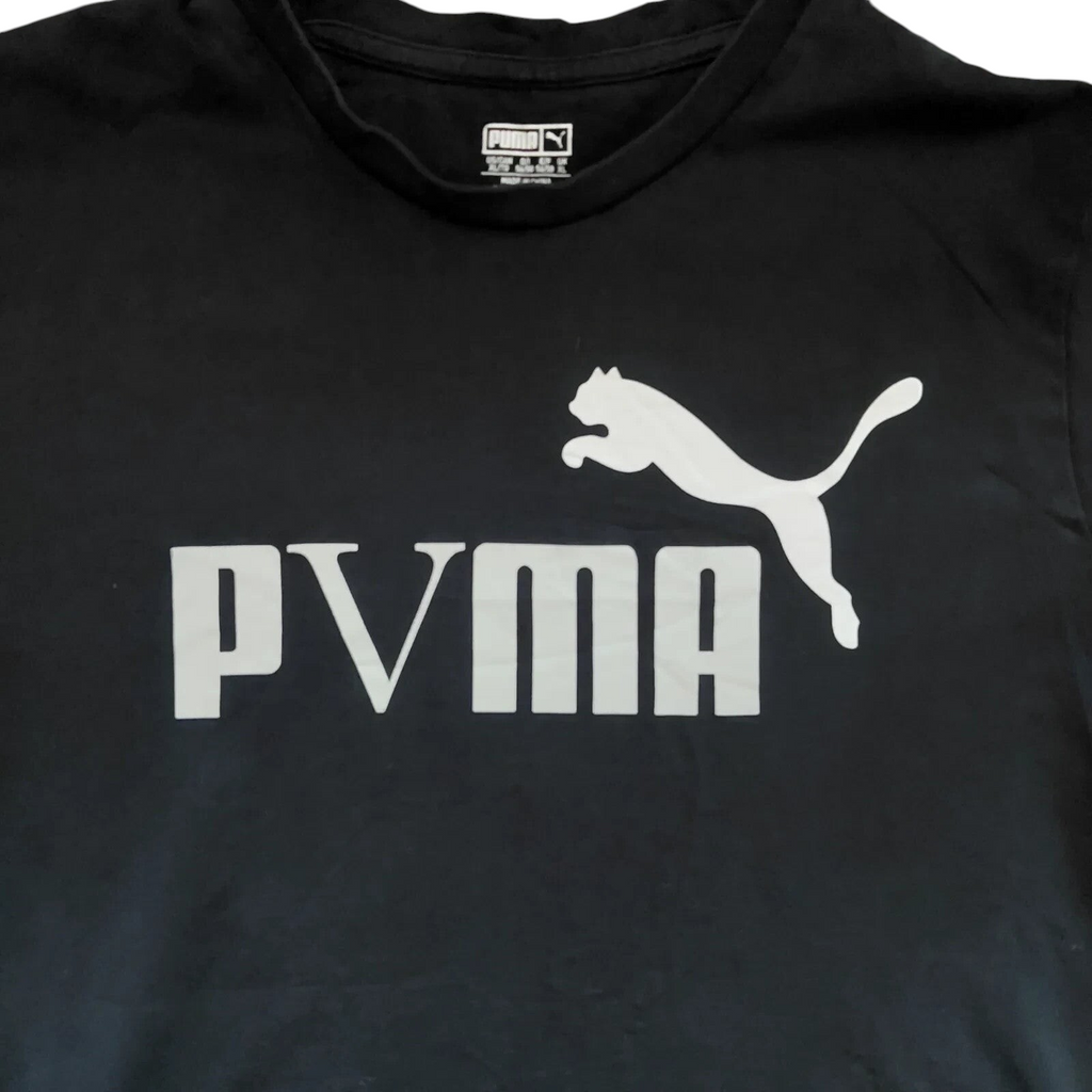 My Store black Puma crew neck t-shirt with white graphic logo on the front, size XL streetwear style.