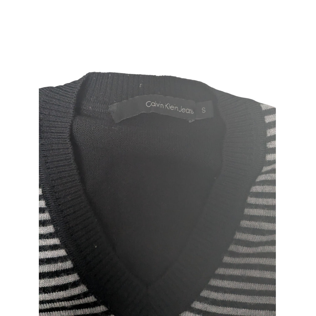 Calvin Klein Sweater Womens M Black Striped V Neck Y2K