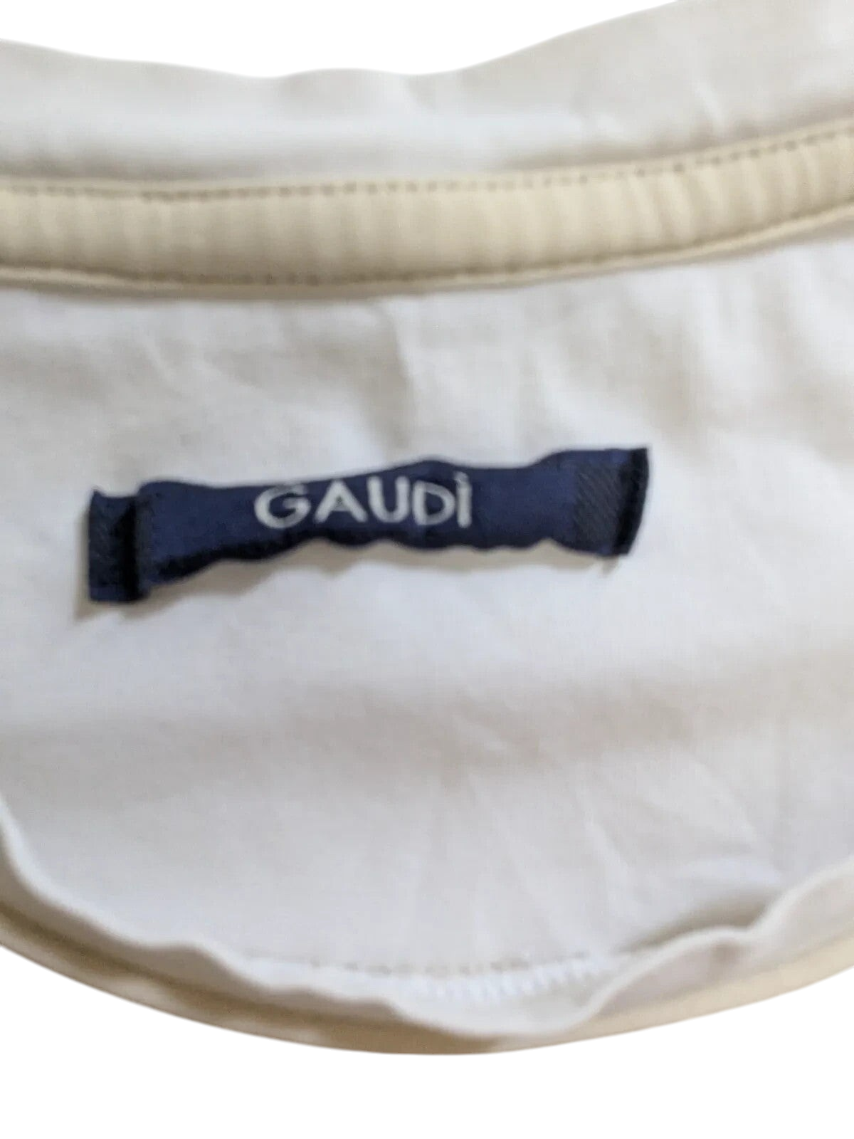 My Store Gaudi cream cotton t-shirt with a blue logo brand label on the inner neck