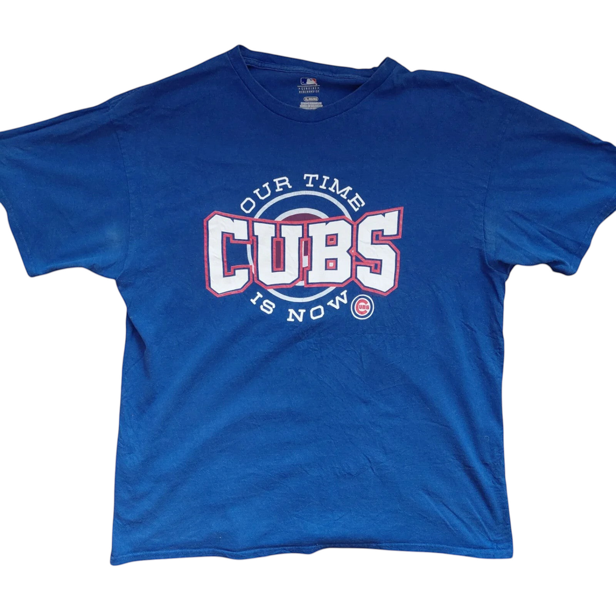 My Store blue Chicago Cubs graphic t-shirt with Our Time Is Now logo, size XL baseball merchandise