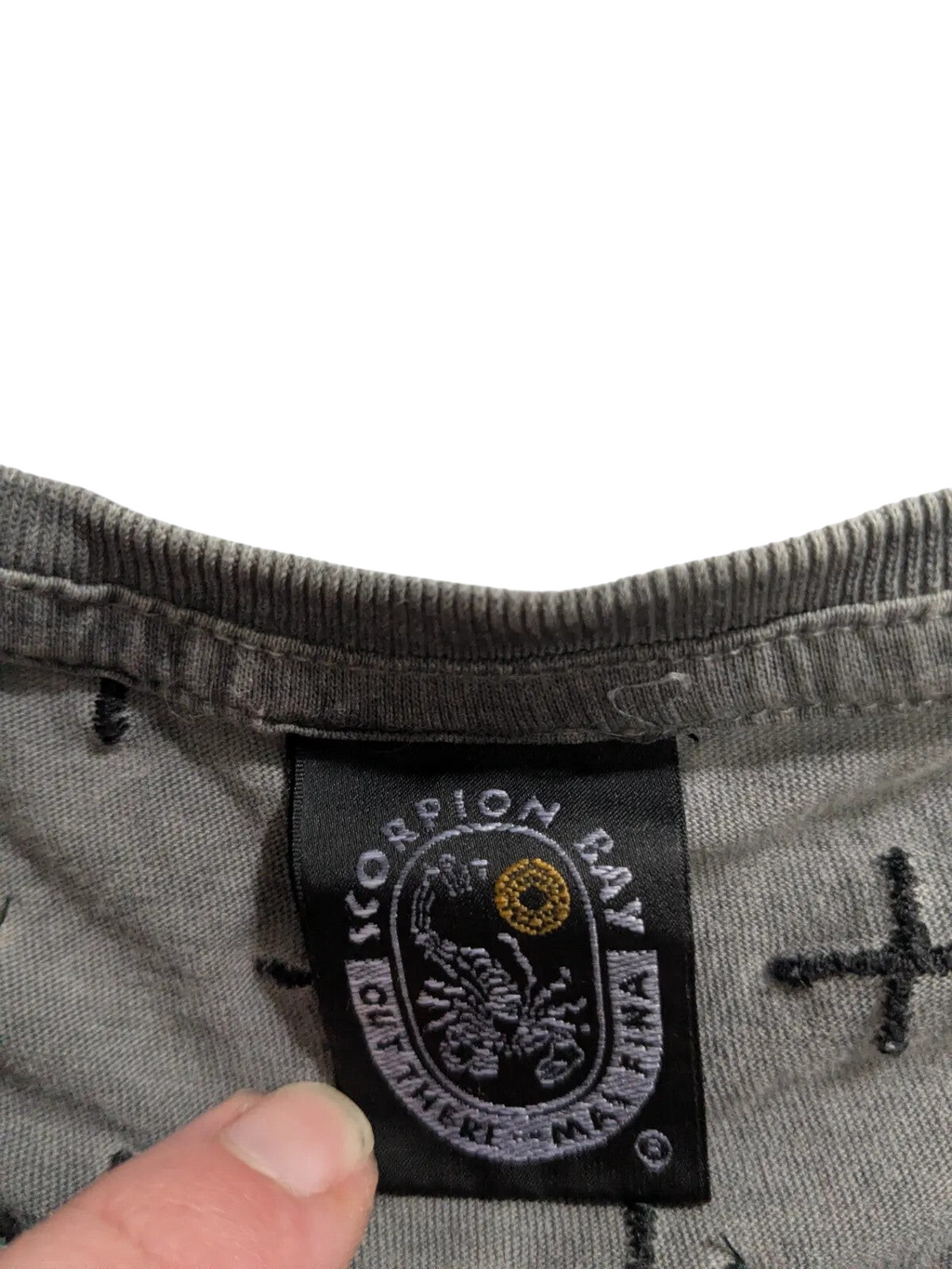 My Store Scorpion Bay grey cotton t-shirt featuring a black embroidered cross pattern and branded neck label