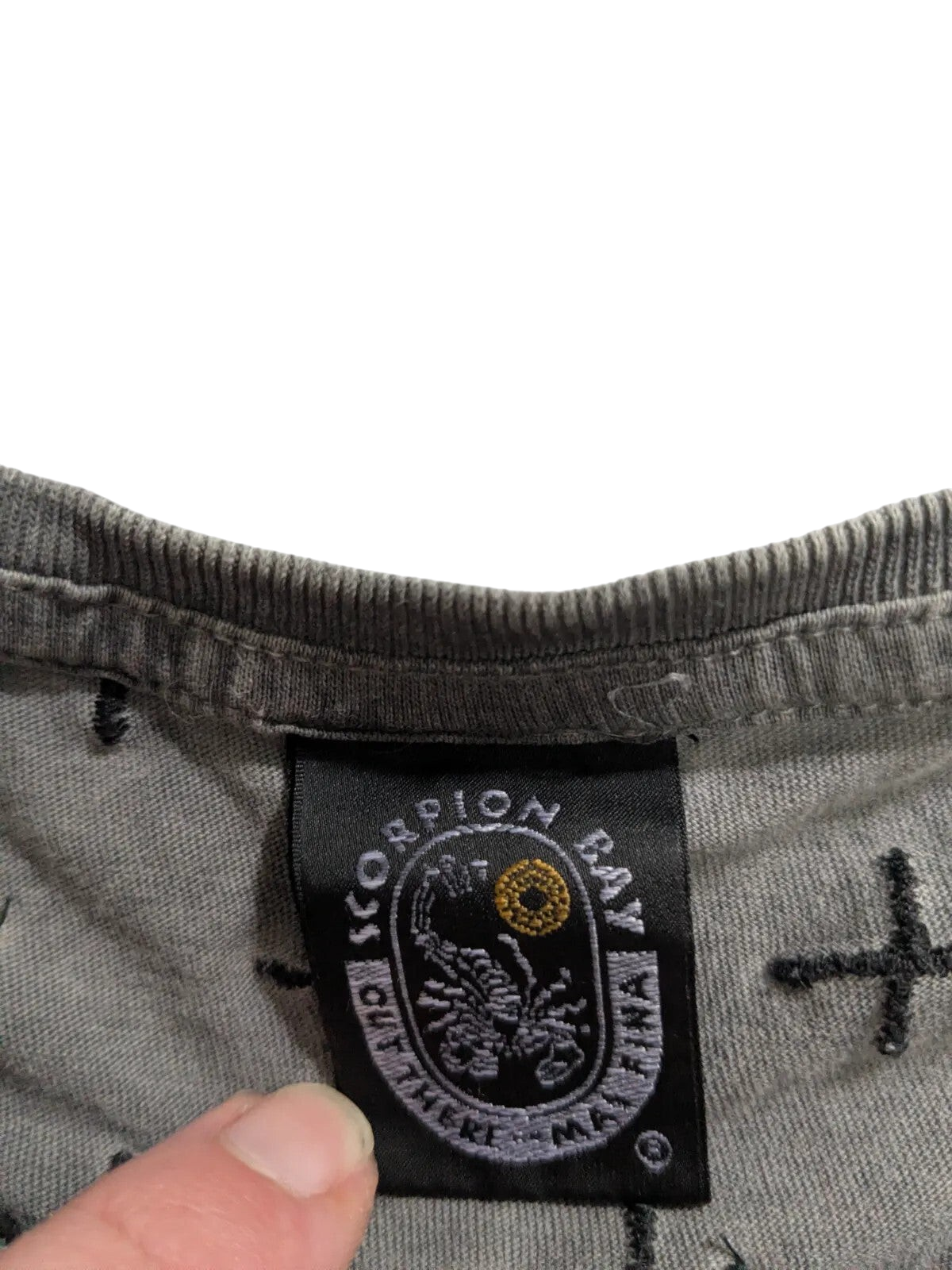 My Store Scorpion Bay grey cotton t-shirt featuring a black embroidered cross pattern and branded neck label