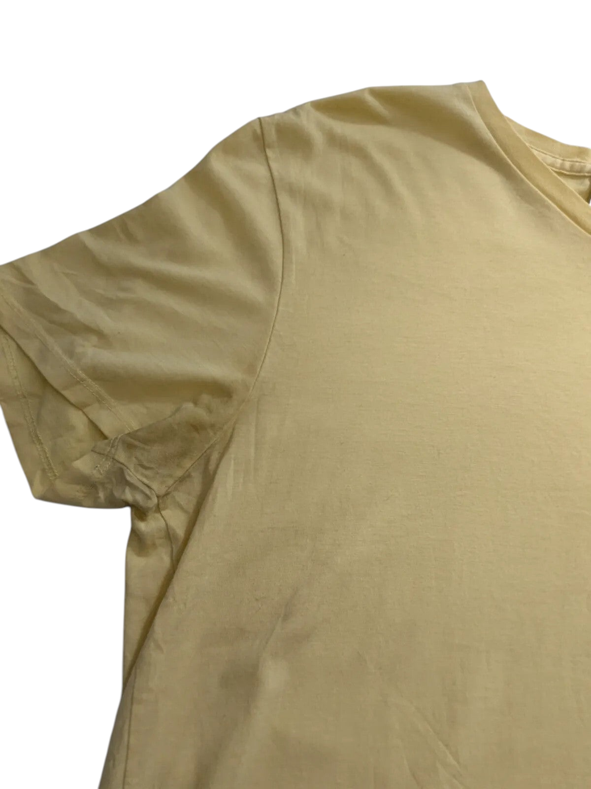 My Store yellow Lacoste cotton V-neck t-shirt showing underarm wear and fabric detail