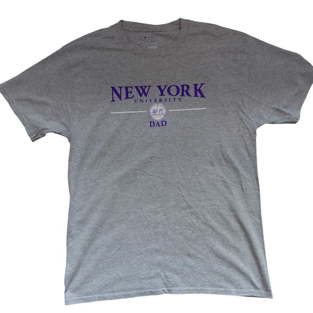 My Store Champion grey New York University Dad graphic crew neck t-shirt with purple lettering
