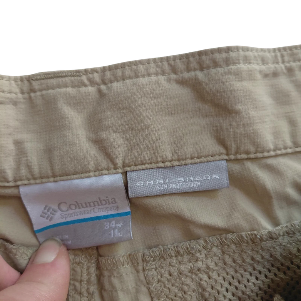 My Store Columbia beige ripstop nylon cargo shorts with Omni-Shade sun protection label and size 34w tag