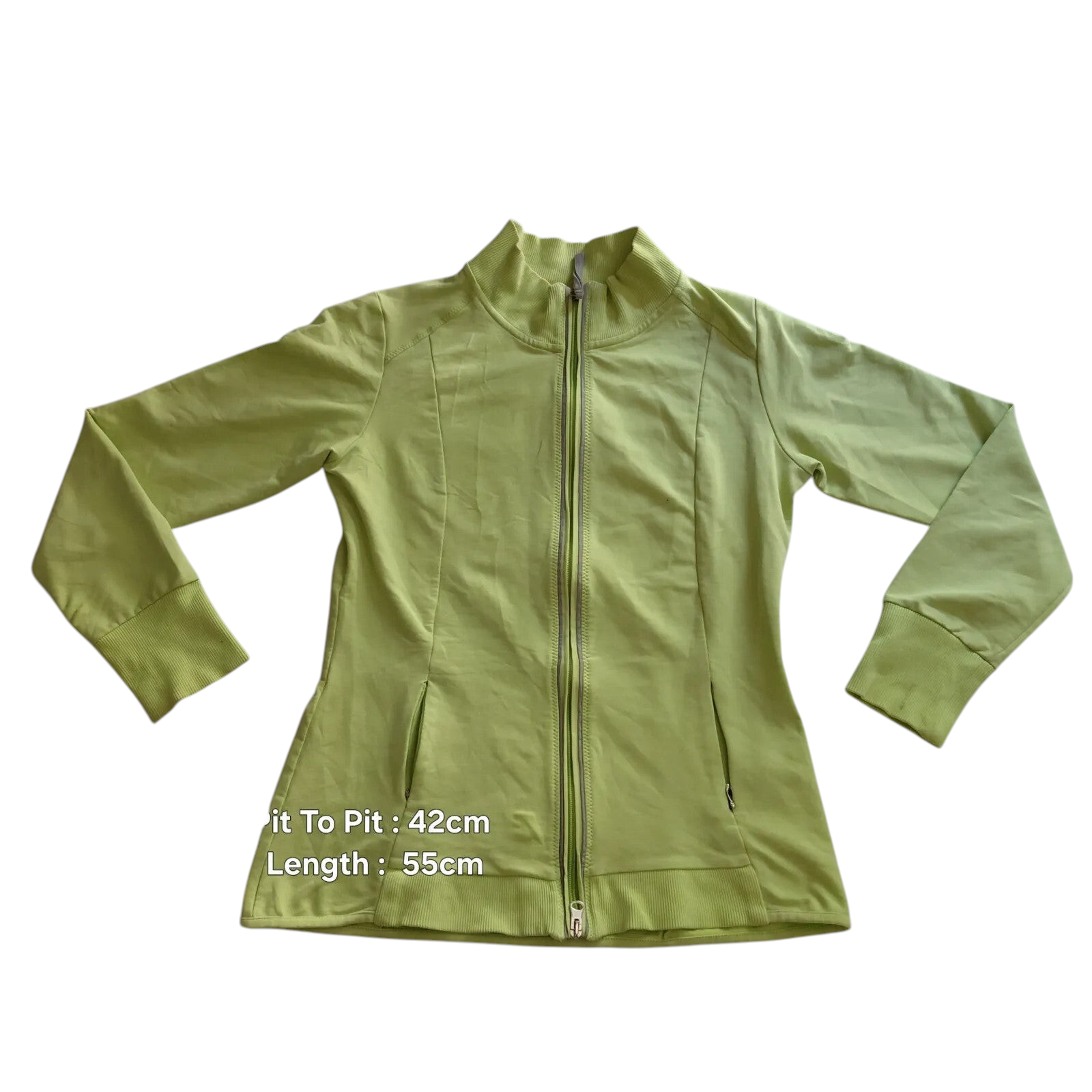 My Store lime green Champion track jacket with a full zip front, stand collar, and ribbed cuffs.