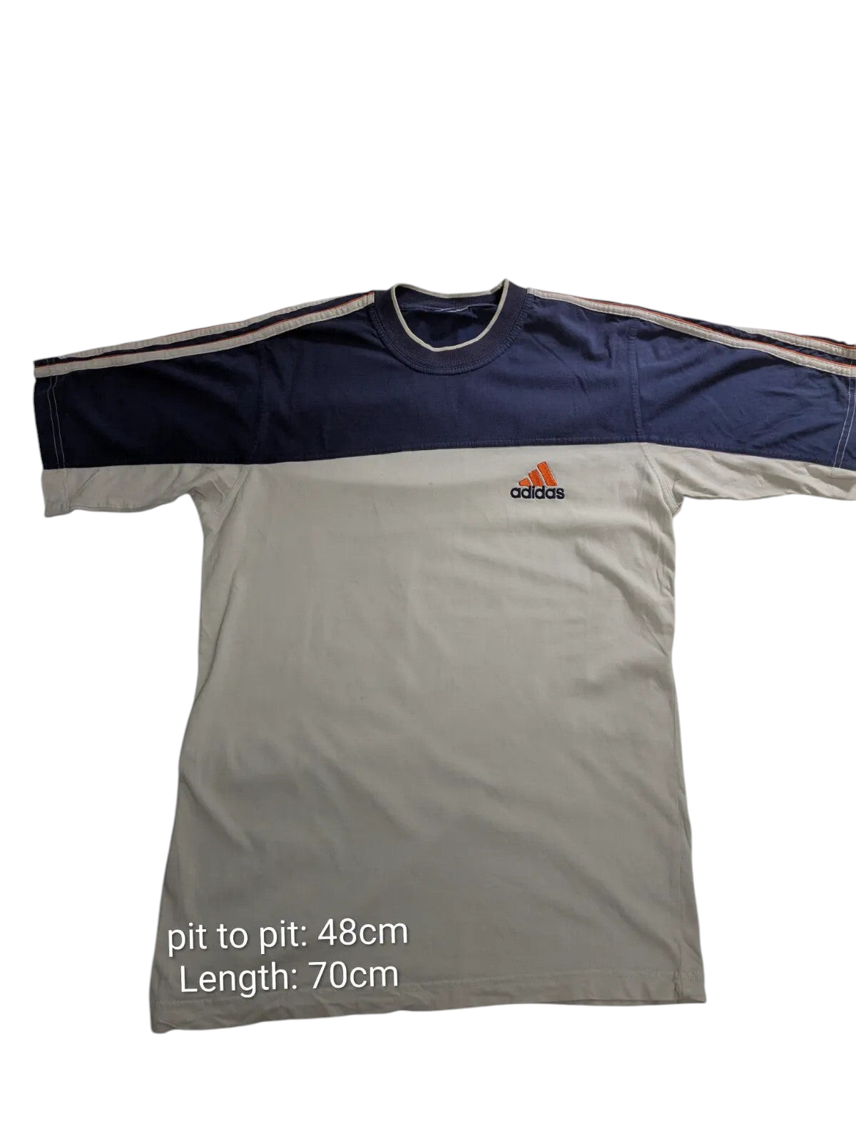 My Store adidas navy and white cotton crew neck t-shirt with orange logo and striped sleeve detail