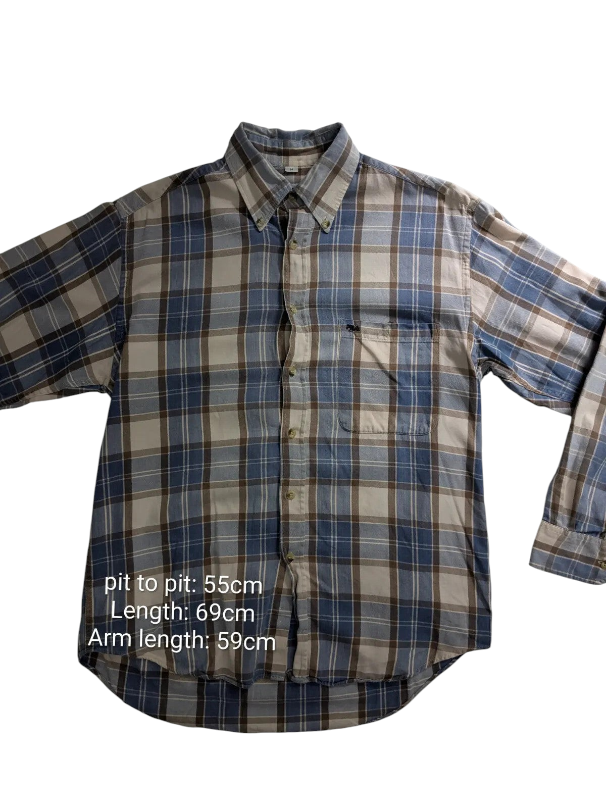 My Store Fila long sleeve button-up shirt in blue and beige plaid cotton with a chest pocket and collar