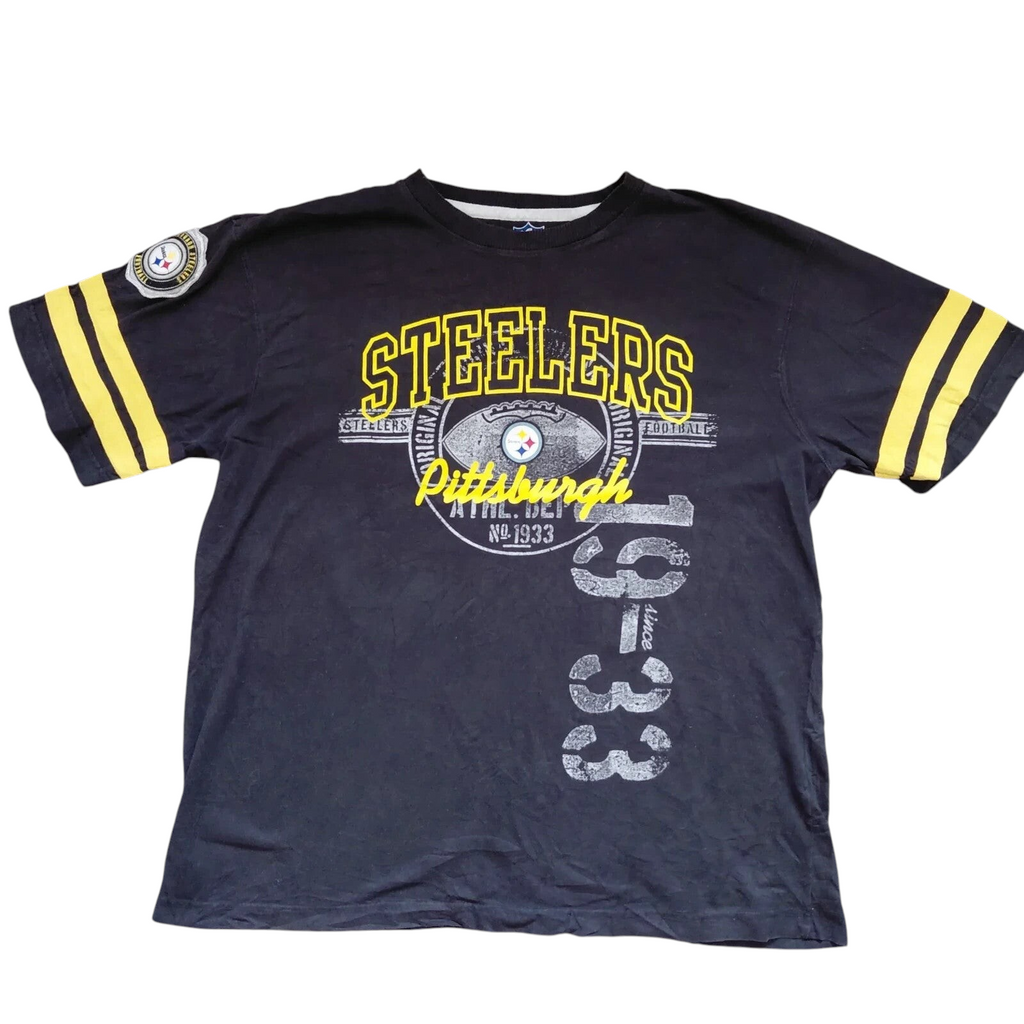My Store black Pittsburgh Steelers NFL graphic t-shirt with yellow sleeve stripes and crew neck in 100% cotton