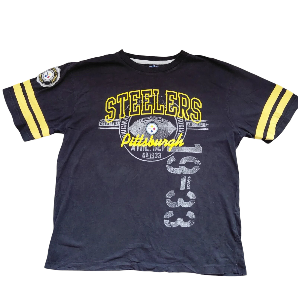 My Store black Pittsburgh Steelers NFL graphic t-shirt with yellow sleeve stripes and crew neck in 100% cotton