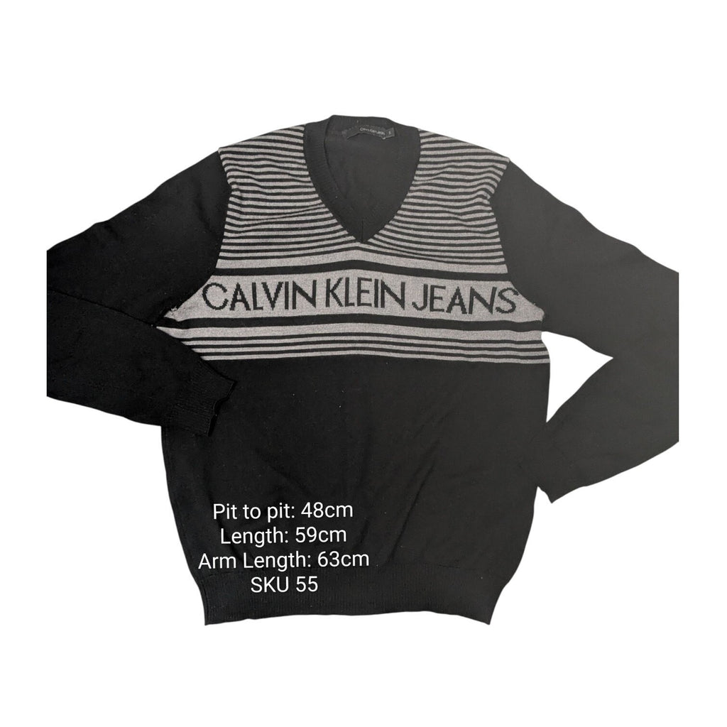 Calvin Klein Sweater Womens M Black Striped V Neck Y2K