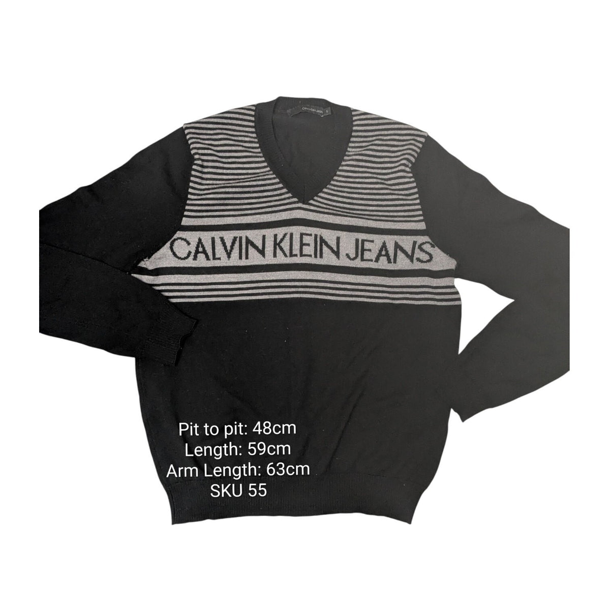 Calvin Klein Sweater Womens M Black Striped V Neck Y2K