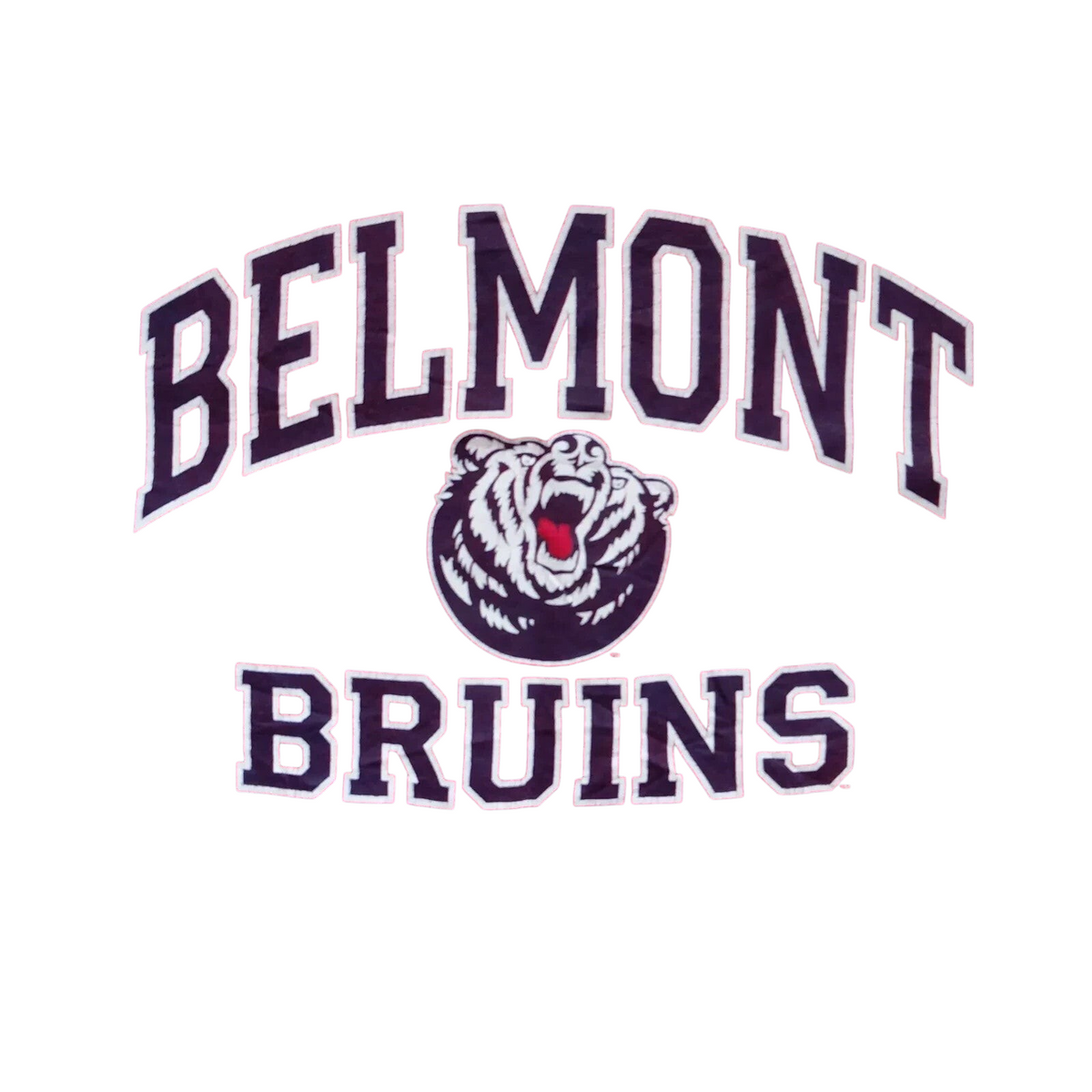 My Store red cotton crew neck t-shirt featuring the Belmont Bruins logo with a bear graphic