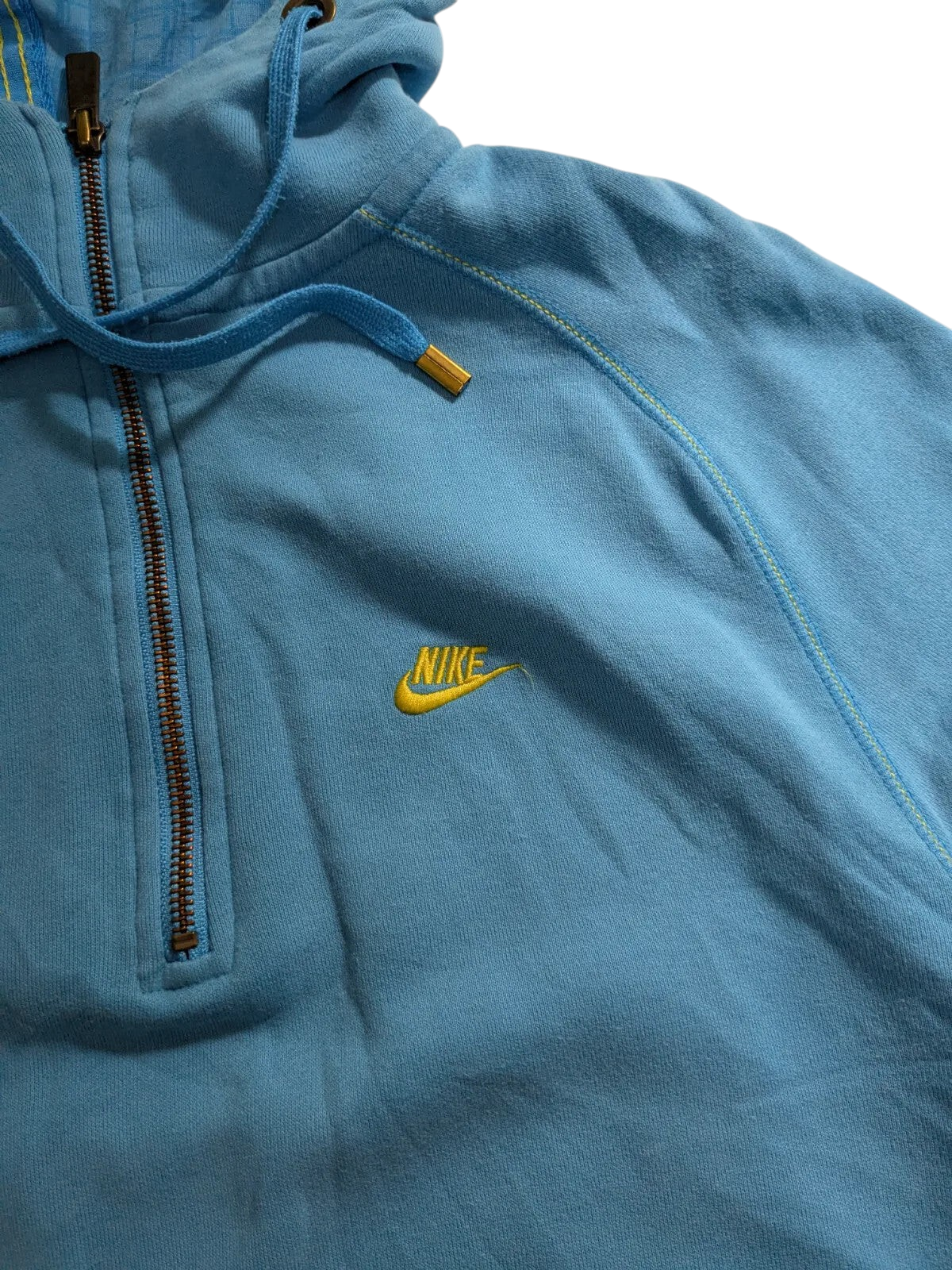 My Store Nike blue cotton quarter zip hoodie with yellow embroidered logo and drawstring hood
