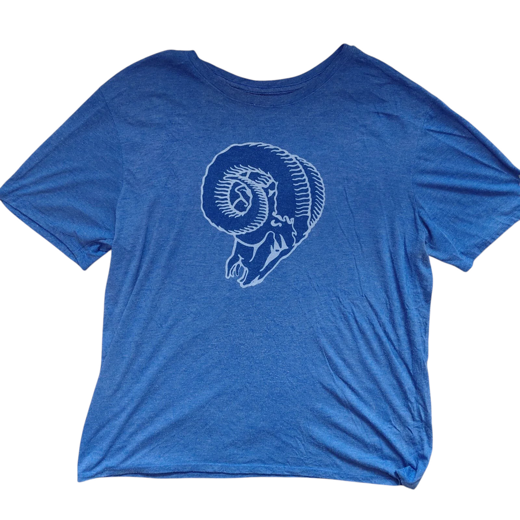 My Store blue Nike tri-blend crew neck t-shirt featuring a white ram head graphic logo in size XL
