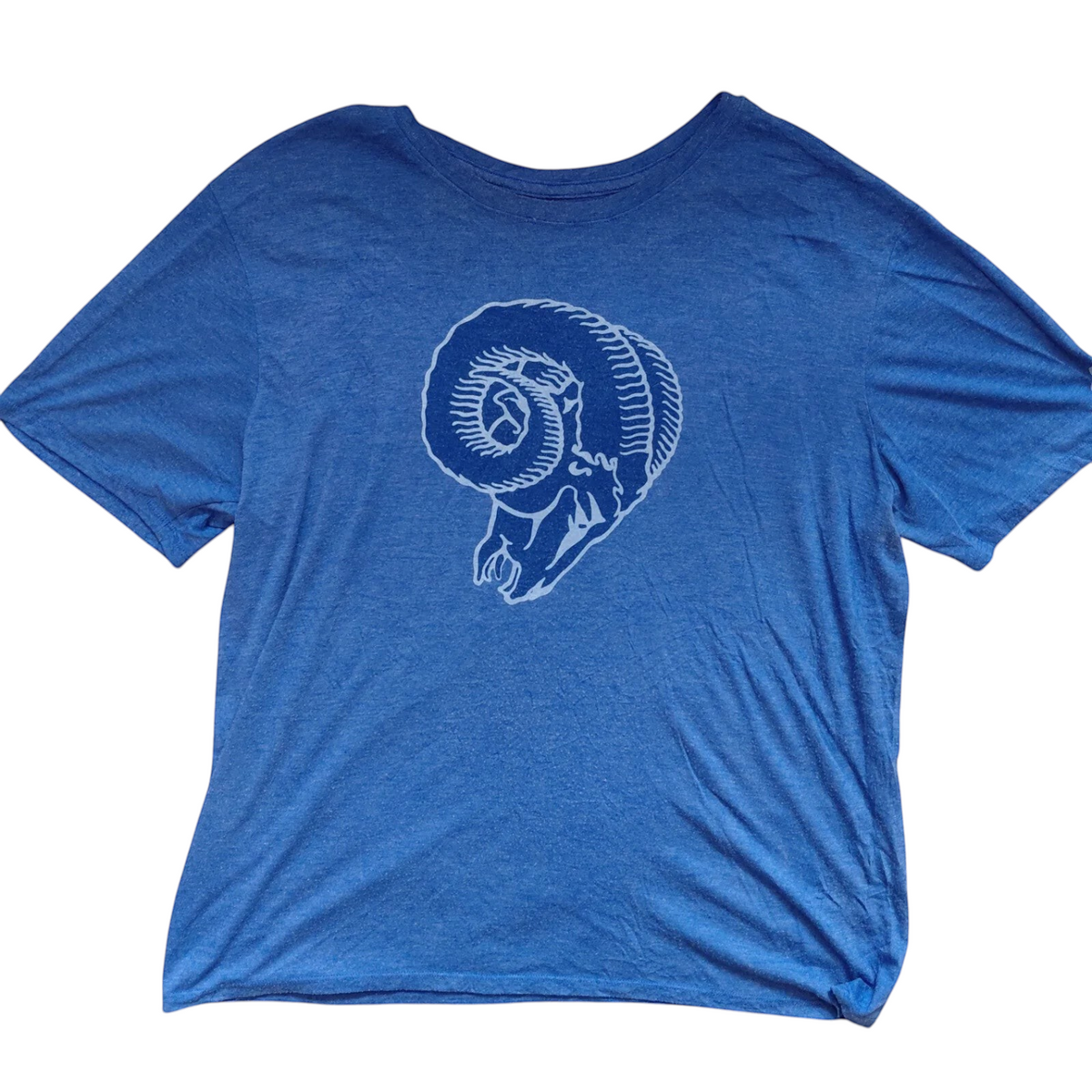 My Store blue Nike tri-blend crew neck t-shirt featuring a white ram head graphic logo in size XL