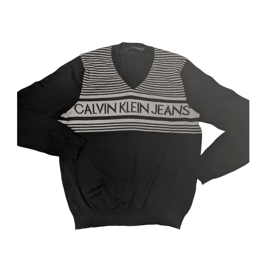 Calvin Klein Sweater Womens M Black Striped V Neck Y2K