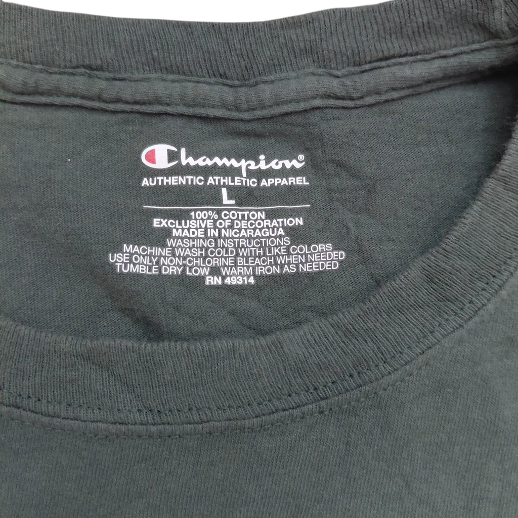My Store Champion dark green cotton crew neck t-shirt size large interior neck label and care instructions