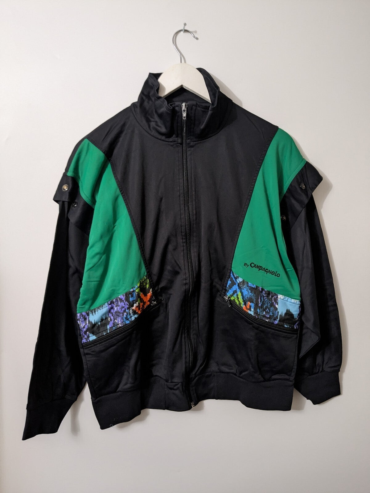 Campagnolo Track Jacket Mens L Black Green Geometric Retro Full-Zip