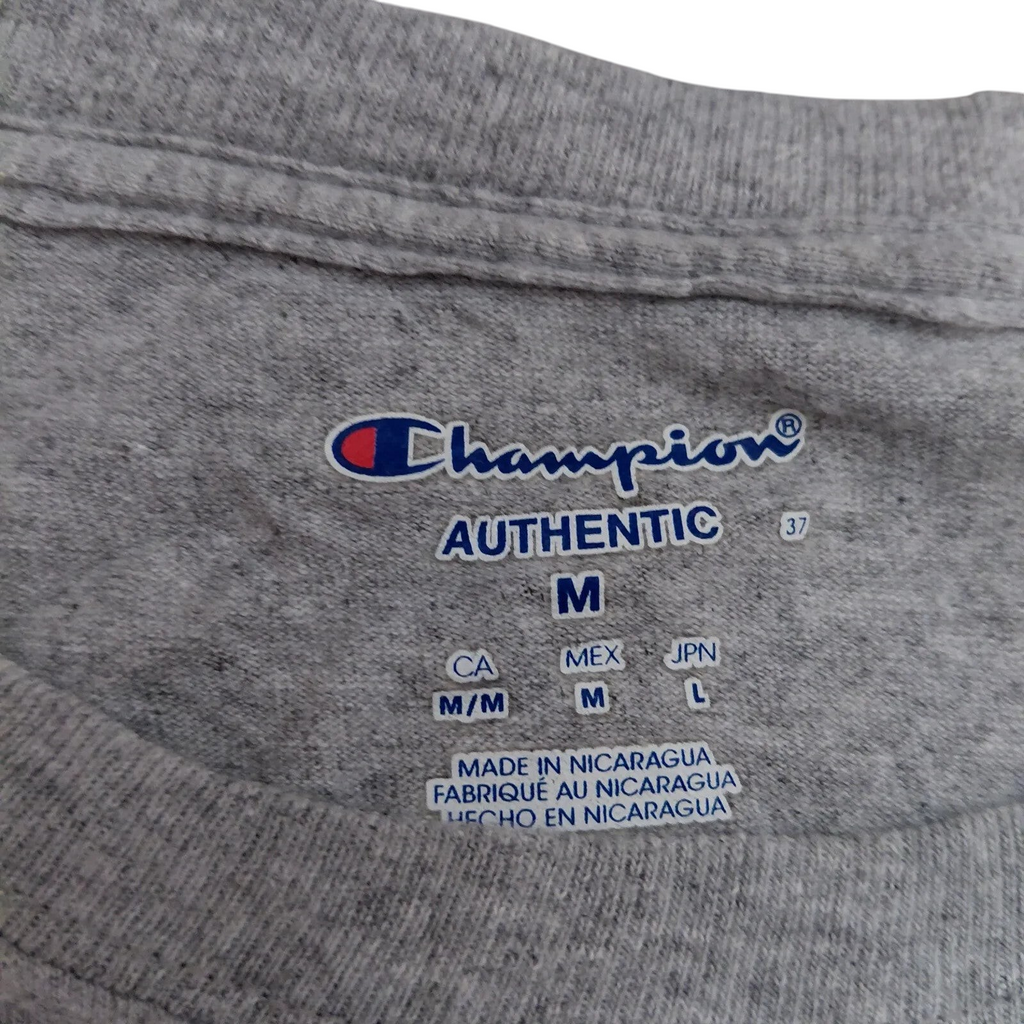 My Store Champion grey crew neck t-shirt size medium interior neck label with brand logo and origin details