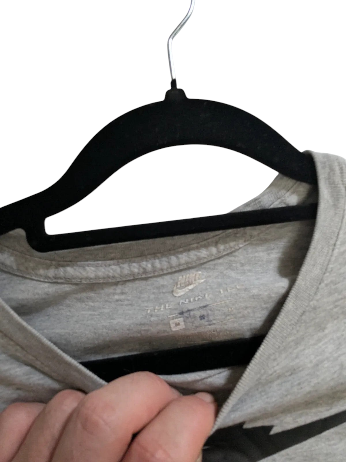 My Store grey Nike cotton crew neck t-shirt with interior logo print detail on a black hanger