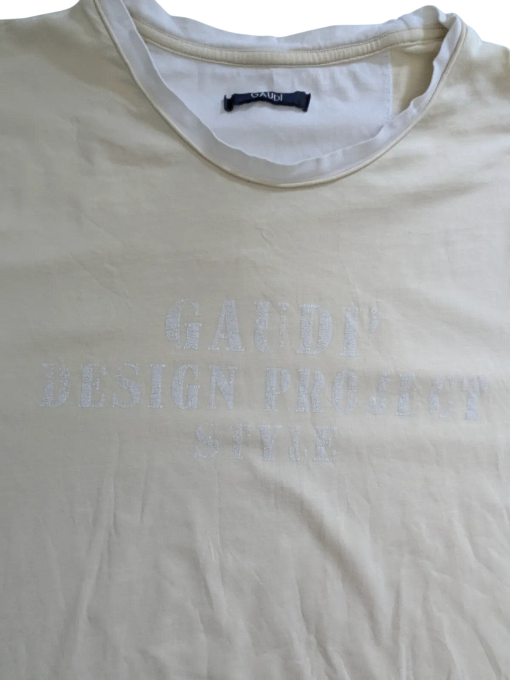 My Store cream cotton Gaudi crew neck t-shirt with white layered collar and distressed logo print