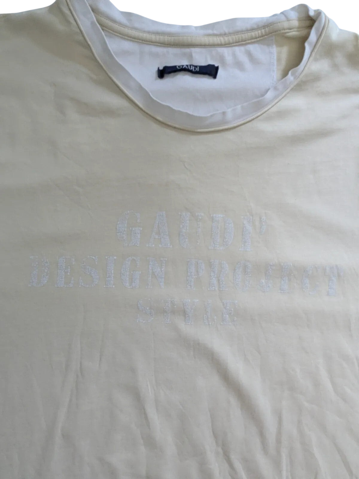 My Store cream cotton Gaudi crew neck t-shirt with white layered collar and distressed logo print