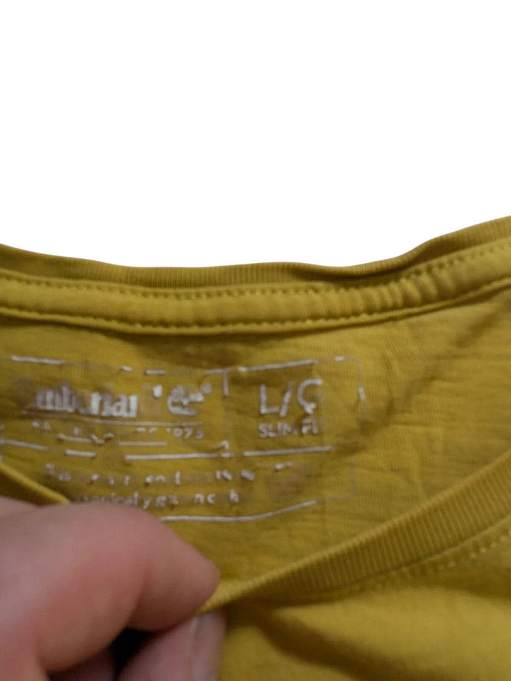 My Store Timberland yellow cotton t-shirt with printed neck label detail in size large