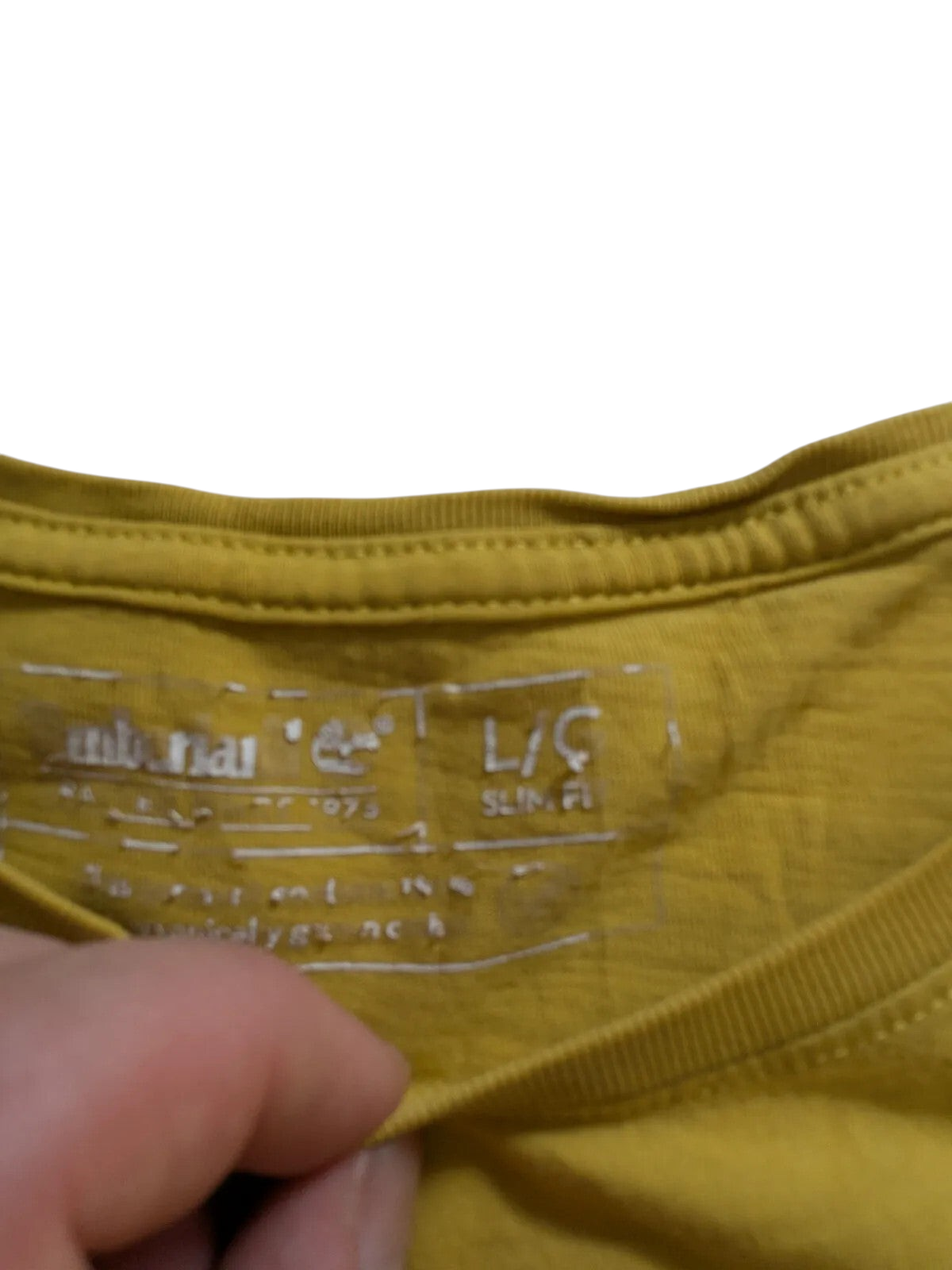 My Store Timberland yellow cotton t-shirt with printed neck label detail in size large