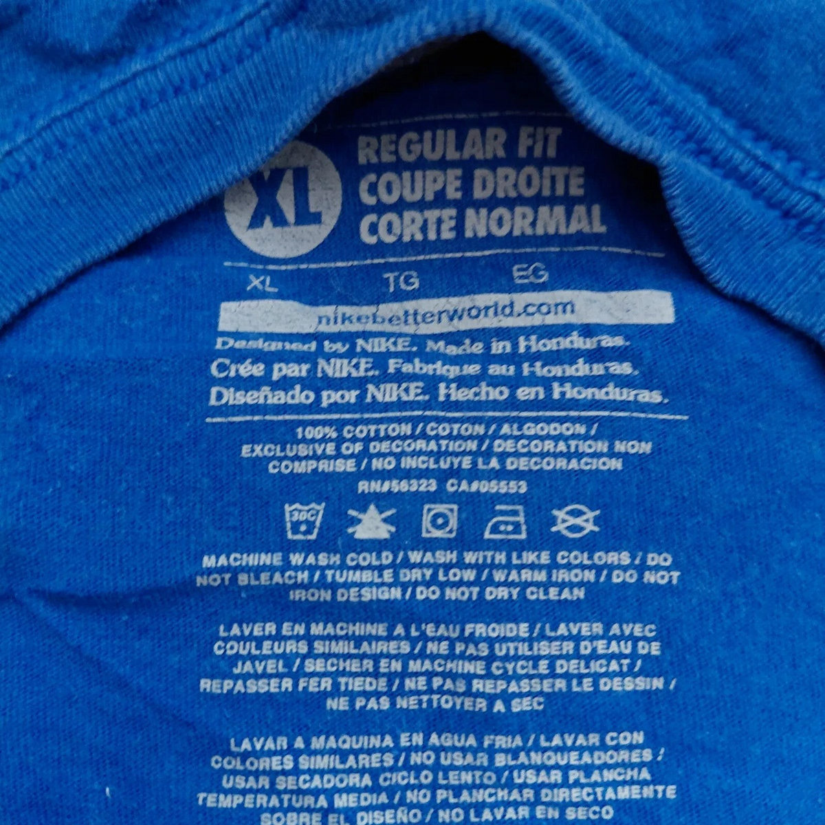 My Store Nike blue cotton t-shirt size XL interior neck label with care instructions and branding