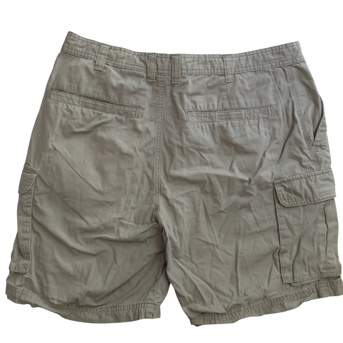 My Store beige Columbia cargo shorts for men with utility pockets, shown from the back view.