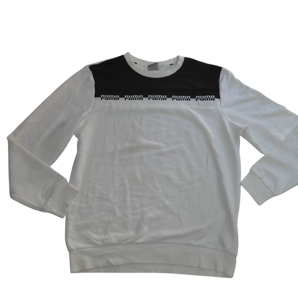 My Store Puma white and black colour block crewneck sweatshirt with repeating logo print in size medium