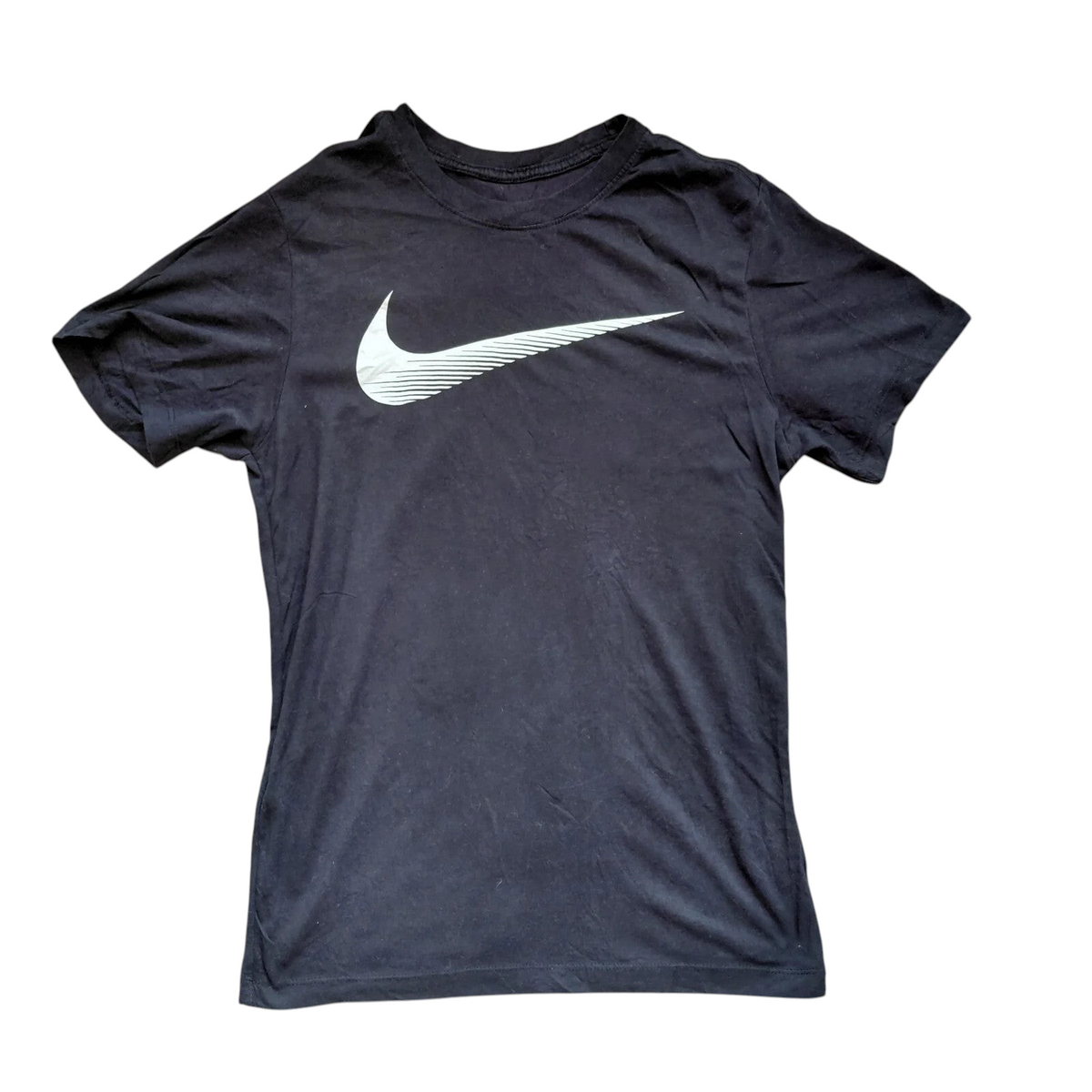 My Store pre-owned black Nike Dri-FIT crew neck t-shirt with a white graphic swoosh logo on the chest