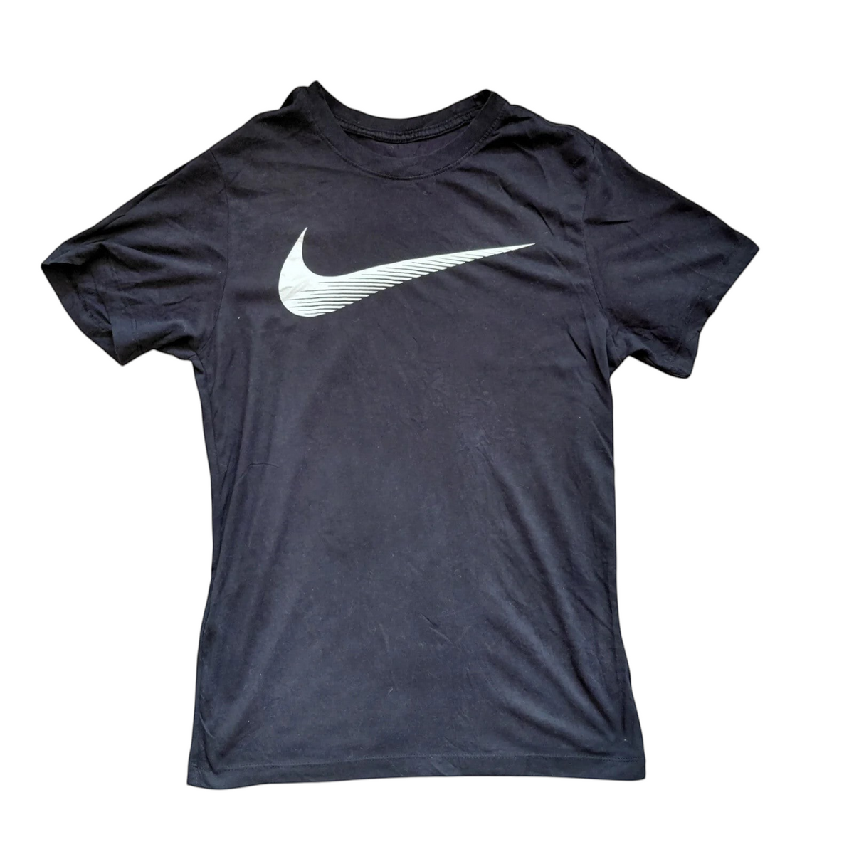 My Store pre-owned black Nike Dri-FIT crew neck t-shirt with a white graphic swoosh logo on the chest