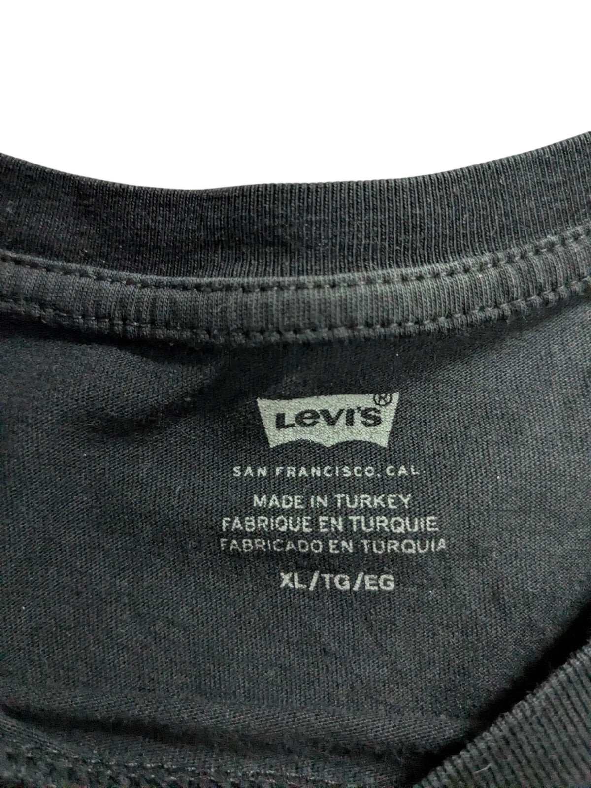 My Store black Levi's cotton t-shirt inner neck label showing size XL and San Francisco branding
