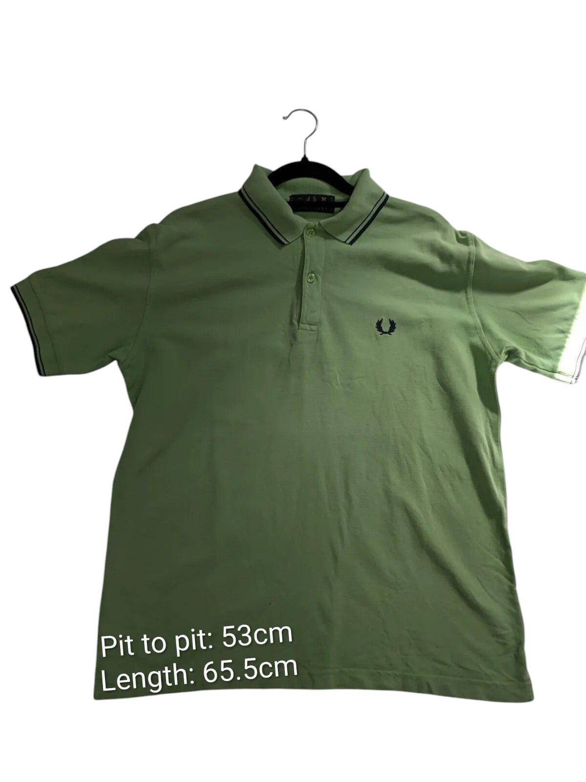 My Store Fred Perry medium green cotton pique polo shirt with short sleeves, striped collar, and logo embroidery.