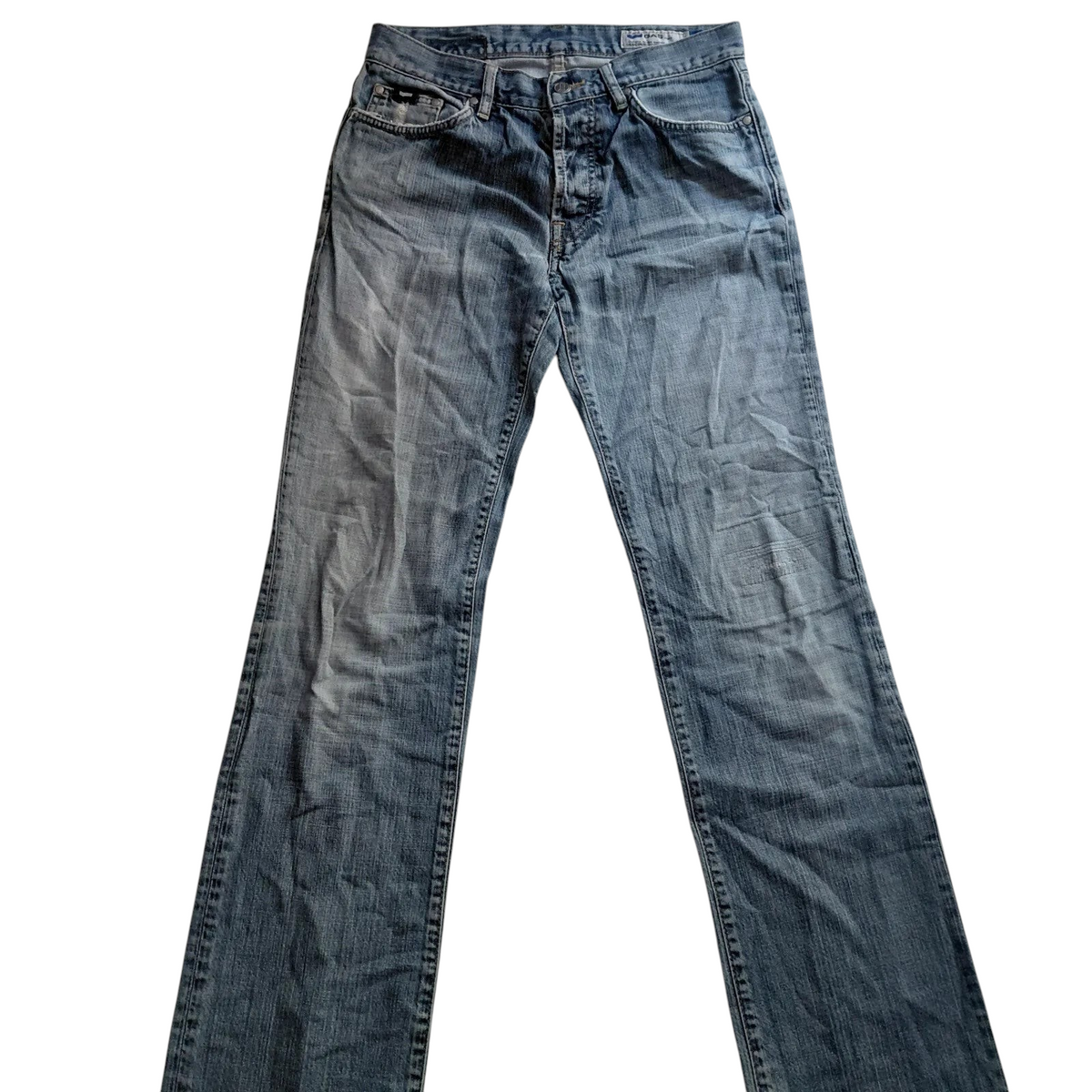 My Store Gas Jeans in light blue wash denim with a regular fit, straight leg, and button fly closure.