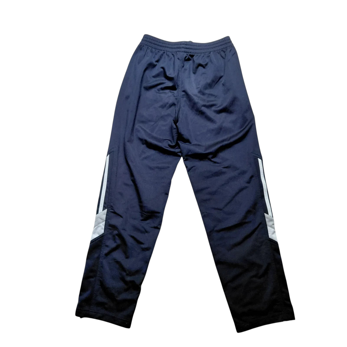 My Store navy blue polyester track pants with white side stripe detailing, size medium athletic wear.