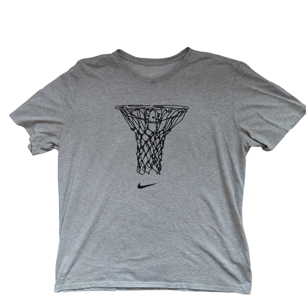 My Store grey Nike Dri-FIT crew neck t-shirt featuring a black basketball hoop graphic and athletic fit