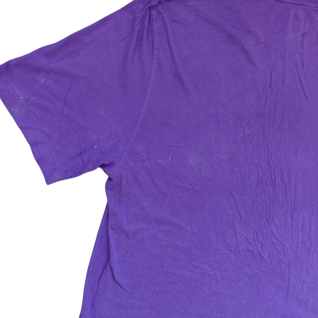 My Store purple cotton crew neck t-shirt with visible wear on the sleeve and shoulder area