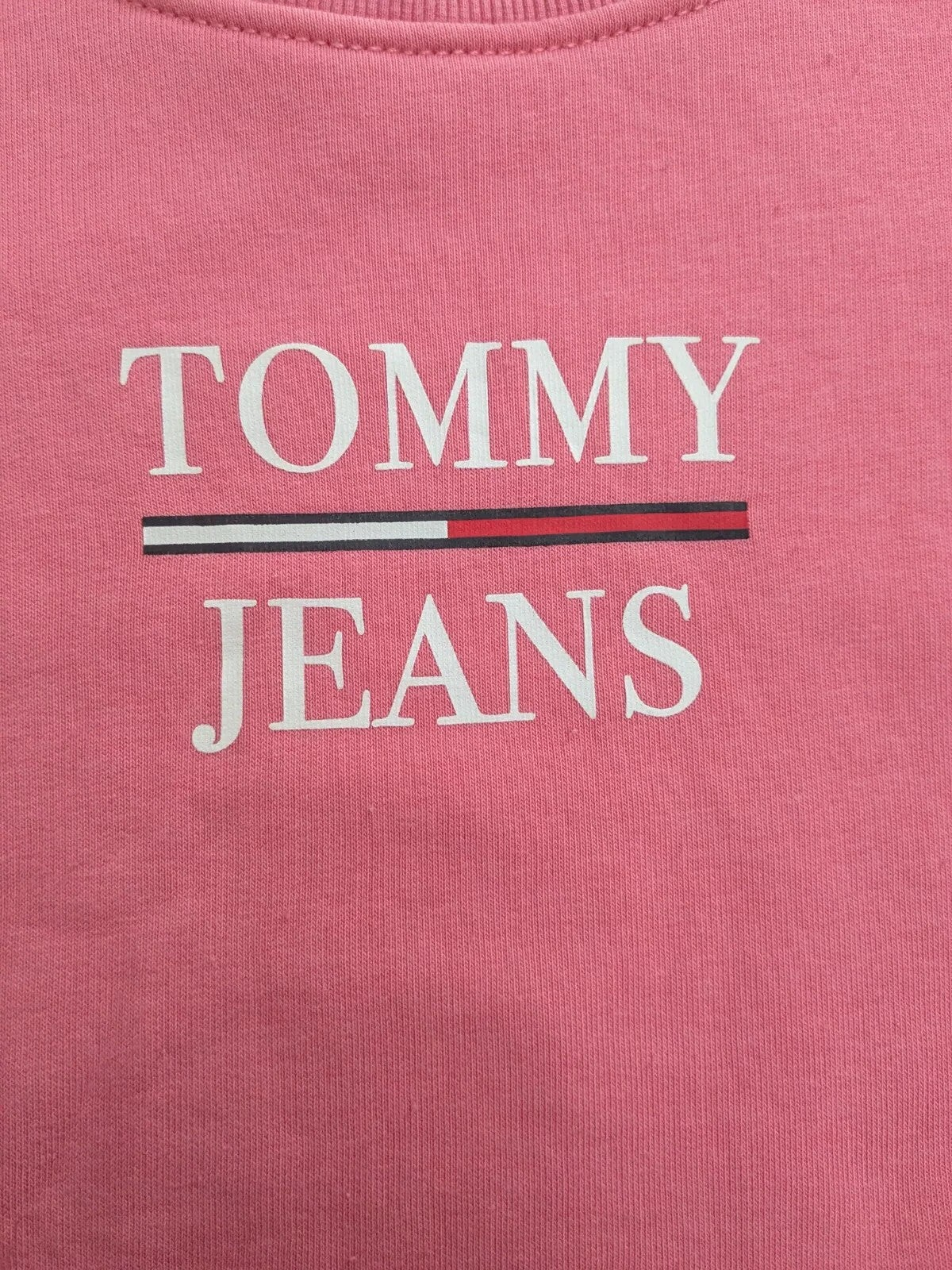 My Store pink Tommy Jeans crewneck sweatshirt with white logo and signature stripe detail
