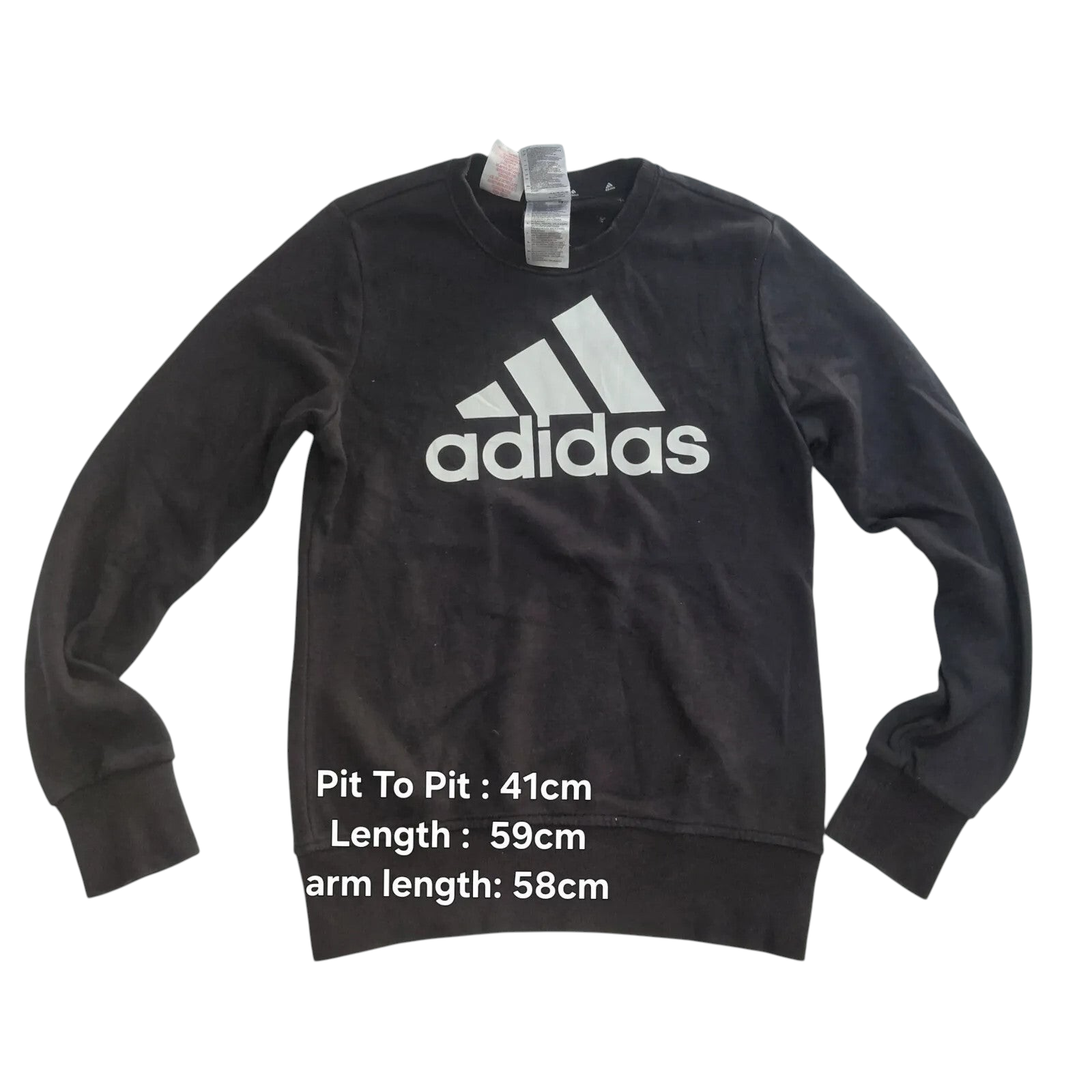 My Store black adidas crewneck sweatshirt with white logo, cotton blend streetwear for youth size 12-14