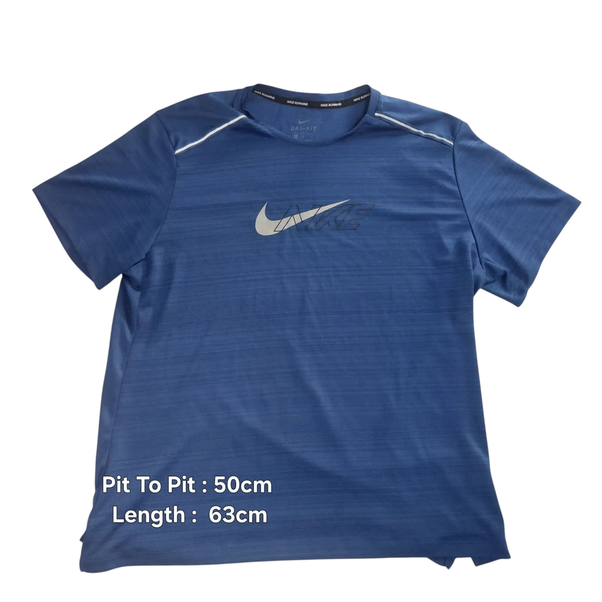 My Store blue Nike Dri-FIT short sleeve running t-shirt with a white logo graphic on the chest.