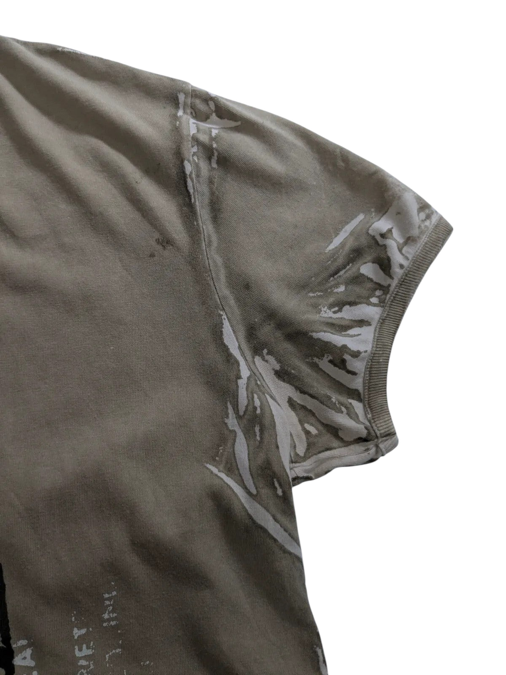 My Store khaki cotton GAS graphic t-shirt with distressed white paint splatter effect on the sleeve and shoulder