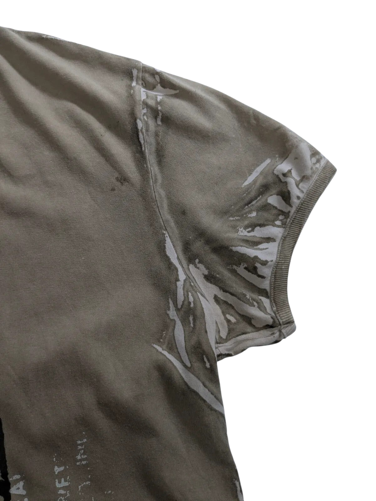 My Store khaki cotton GAS graphic t-shirt with distressed white paint splatter effect on the sleeve and shoulder