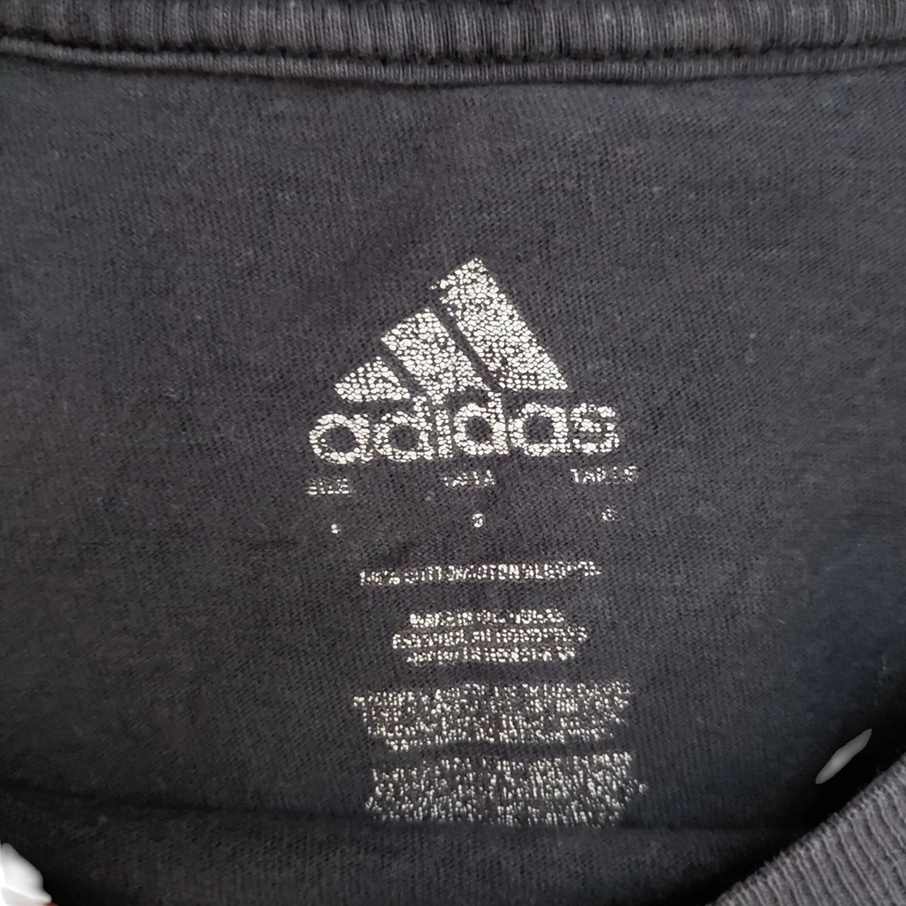 My Store navy Adidas crew neck t-shirt with a distressed white graphic logo on the inner neck label